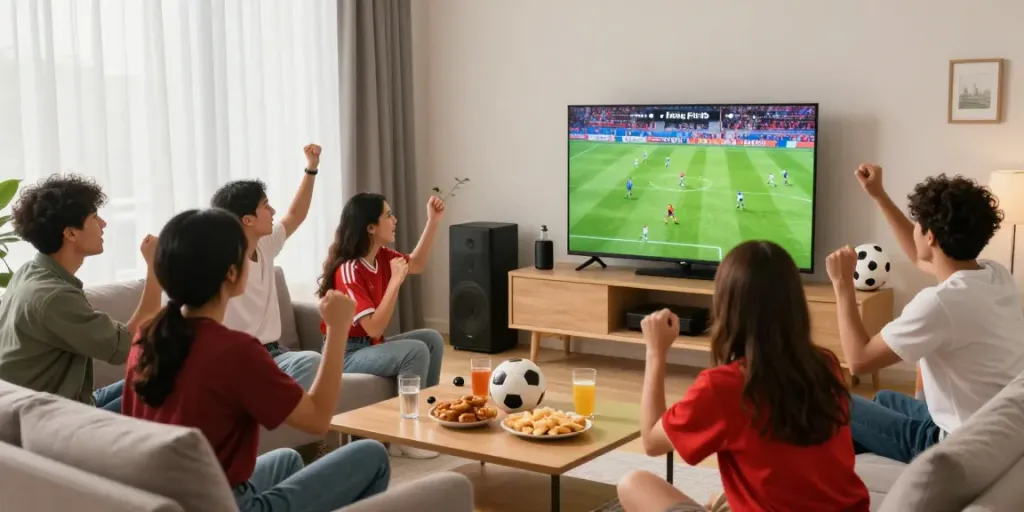Socolive full HD viewing experience with friends cheering in a modern living room during a live football match.