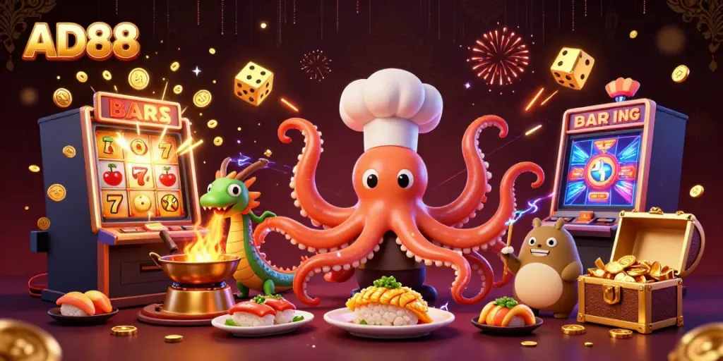Engage with AD88's vibrant casino world featuring an octopus chef, a dragon, and a tanuki enjoying games.