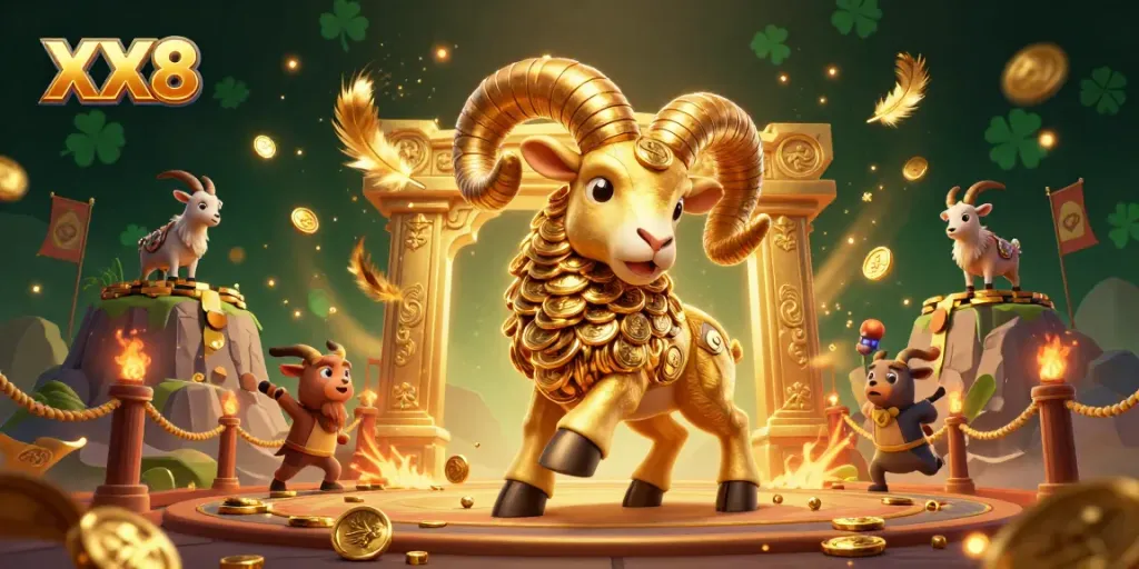 Experience thrilling gameplay at XX8 with a golden ram ready for action amidst vibrant casino elements.