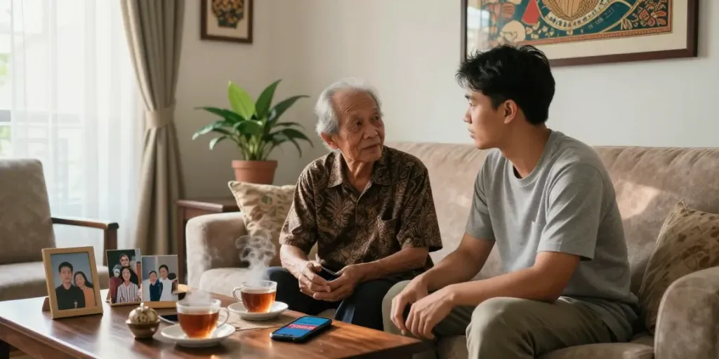 Emotional scene with ROKOK88 logo as a young adult shares tea and conversation with their elderly parent.