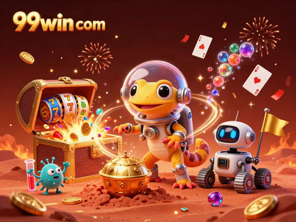 Experience 99win com in a vibrant Martian casino scene filled with gold coins and game symbols.