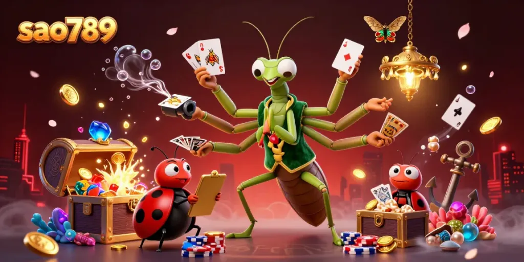 Sao789 card sharp and pit boss in vibrant casino scene with dynamic treasure elements.