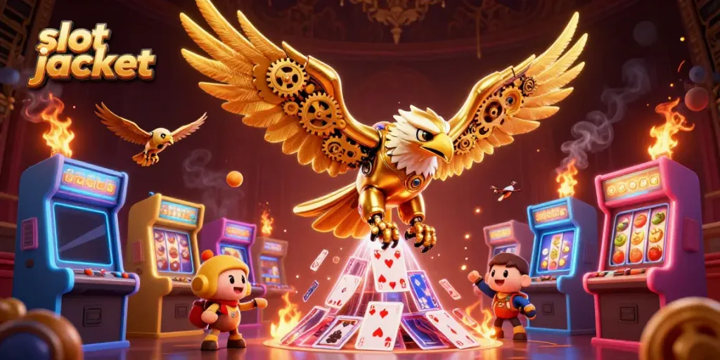 Experience the thrill of slot jackpot victories with a cybernetic eagle soaring through holographic cards.
