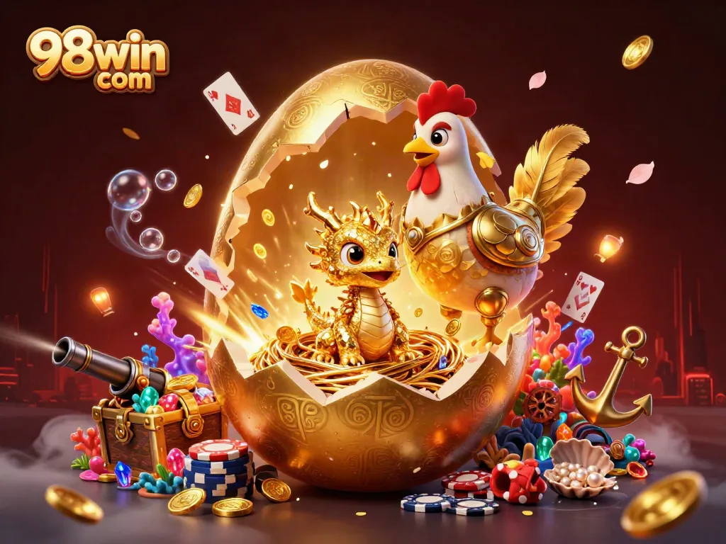 Engage with 98win com's thrilling gaming atmosphere featuring a golden dragon among poker chips and treasures.