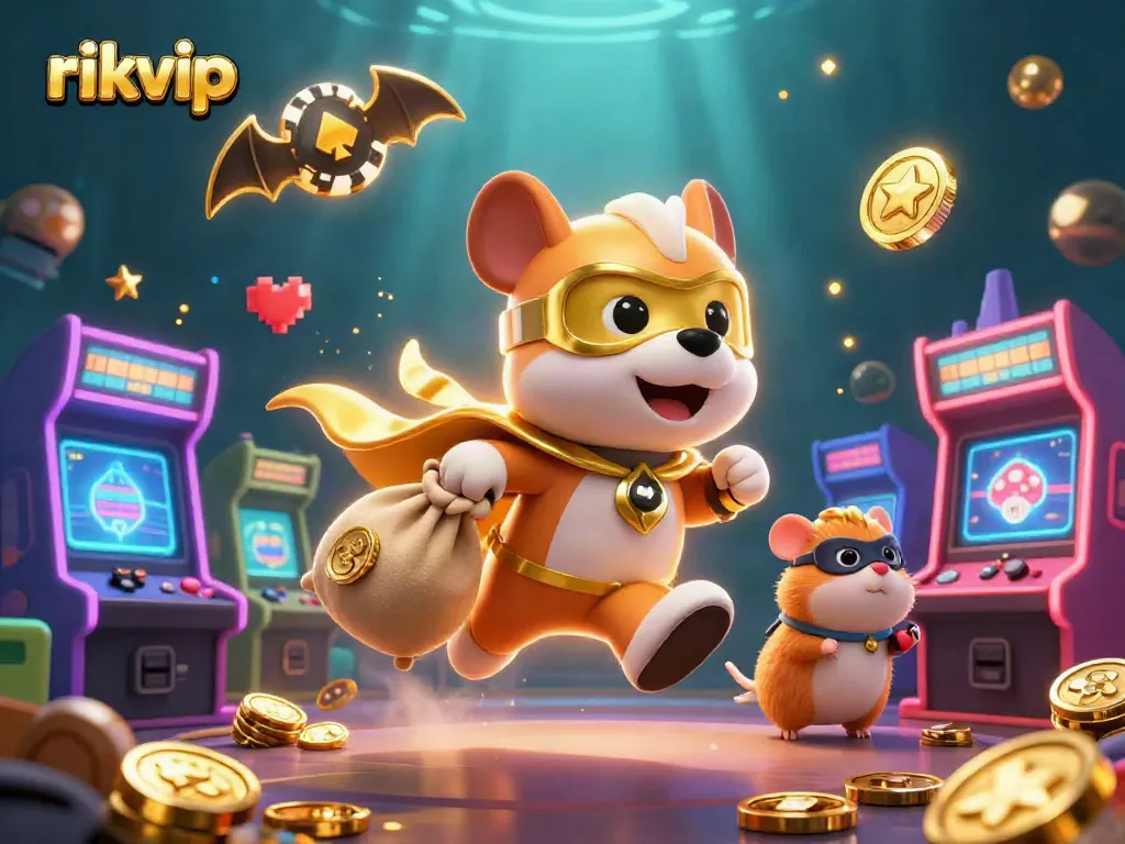 Engage with rikvip's vibrant online casino scene featuring playful characters amid dynamic gaming elements.
