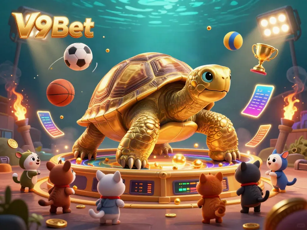 Experience the excitement of V9Bet with this vibrant 3D casino illustration featuring a tortoise pinball machine and dynamic sports elements.