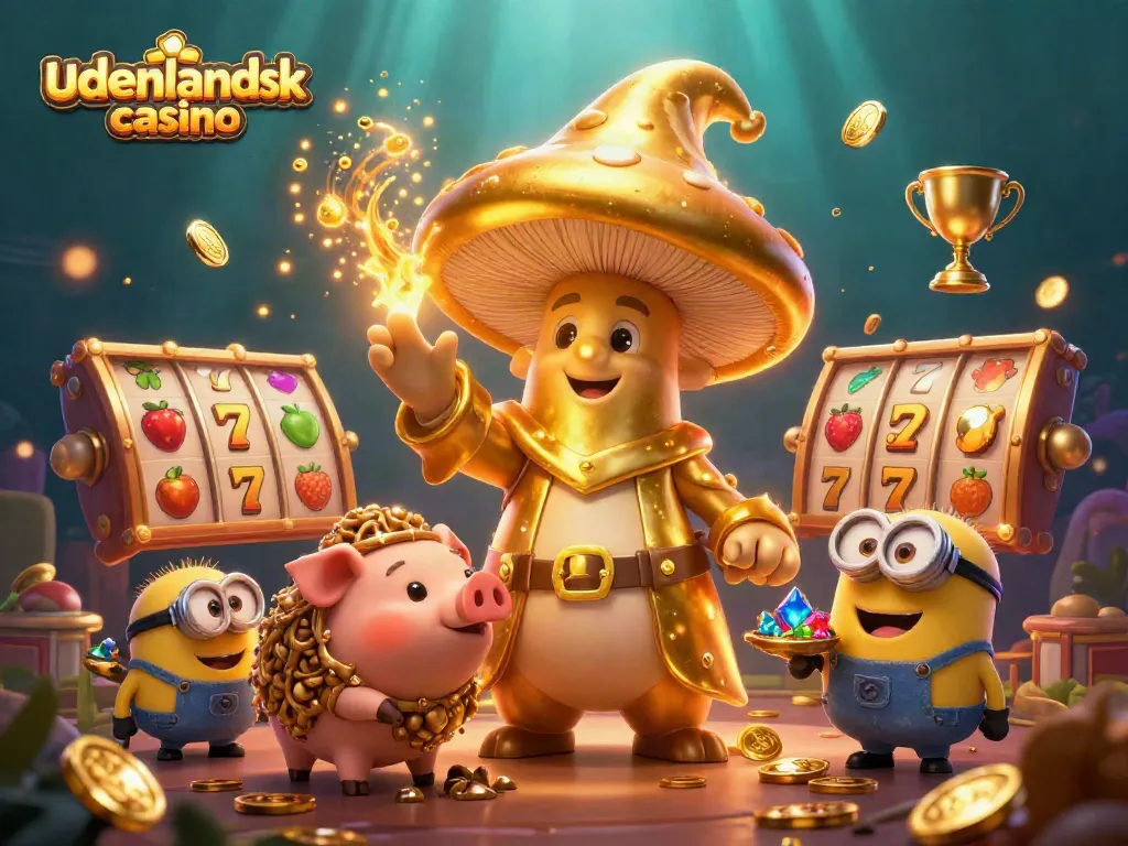 Engage with udenlandsk casino thrilling slots as a golden mushroom wizard casts magic beside a treasure-seeking pig.