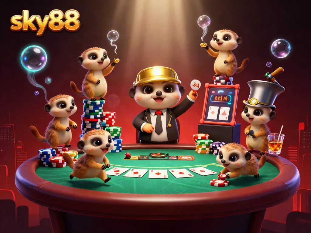 Engage with exciting games at sky88 featuring a dynamic meerkat casino scene.