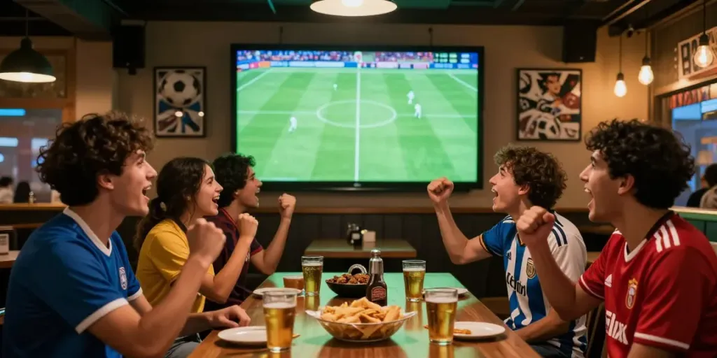 Fans celebrating while watching bóng đá cakhiatv in a vibrant sports bar atmosphere.