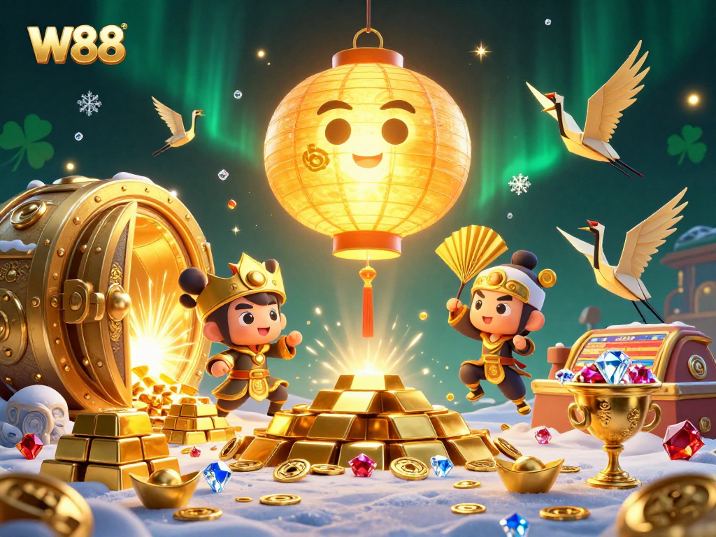 Experience the thrill of W88 with dynamic casino elements and lucky symbols in a vibrant 3D illustration.