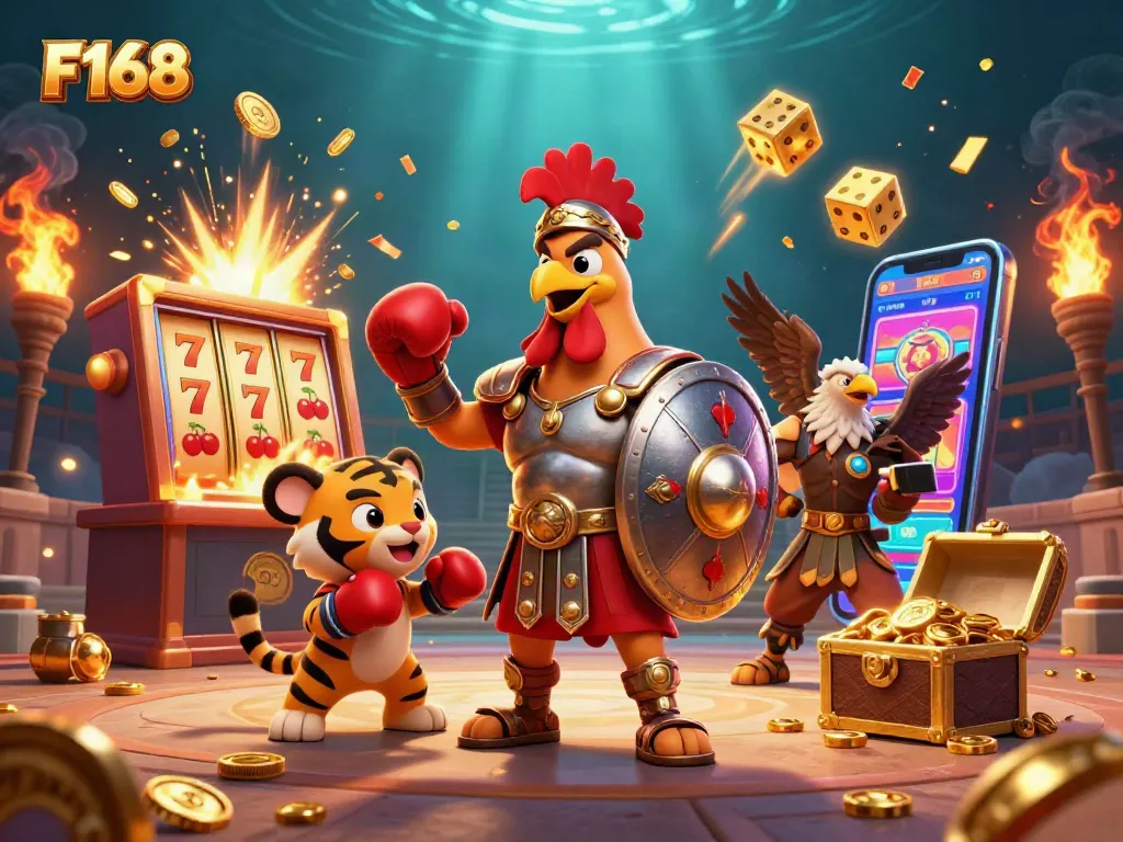 Experience F168 excitement with a vibrant 3D casino scene showcasing thrilling slot action alive with energy.