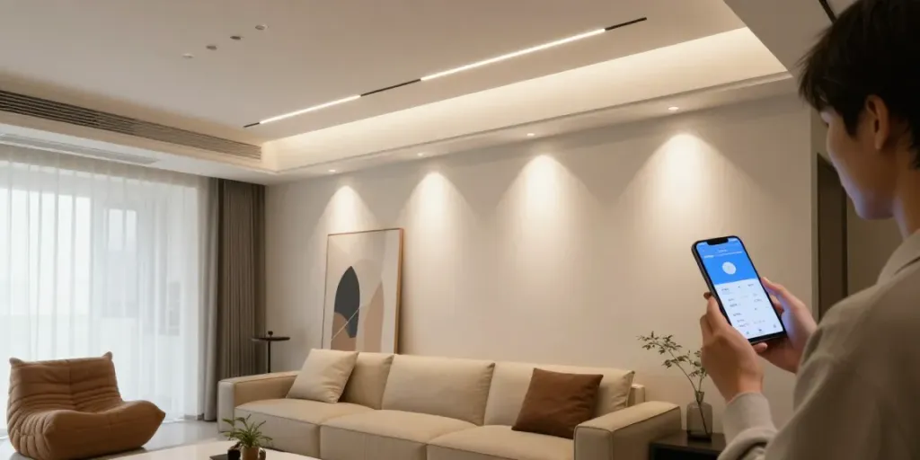Iluminat modern în living cu sina magnetică incastrată, evidențiind eleganța locuinței.