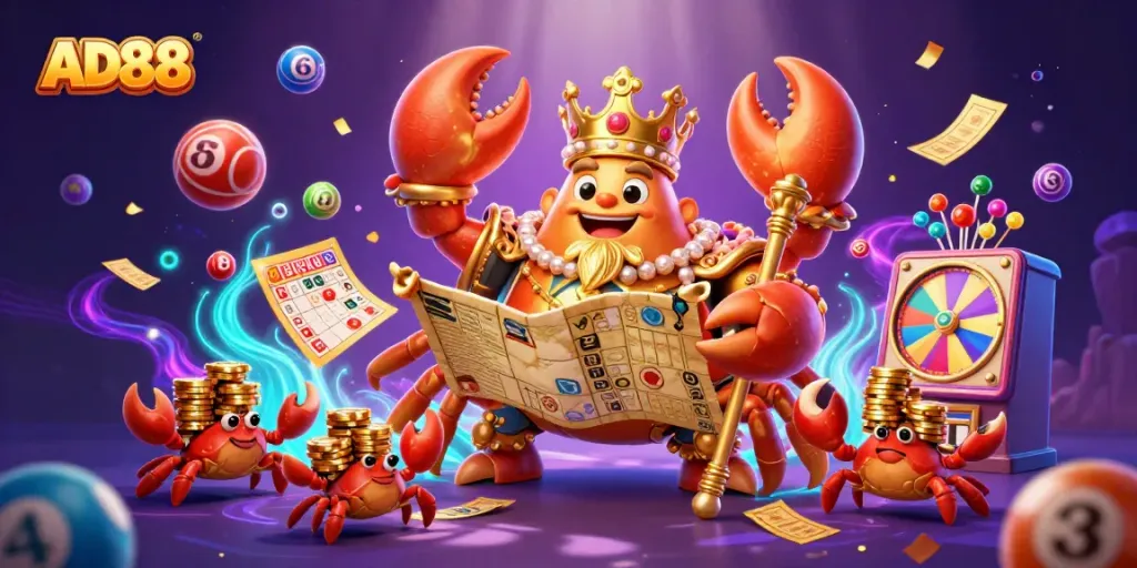 Engage in the excitement of AD88 with a vibrant 3D illustration of a golden crab emperor amidst a wealth of gaming elements.