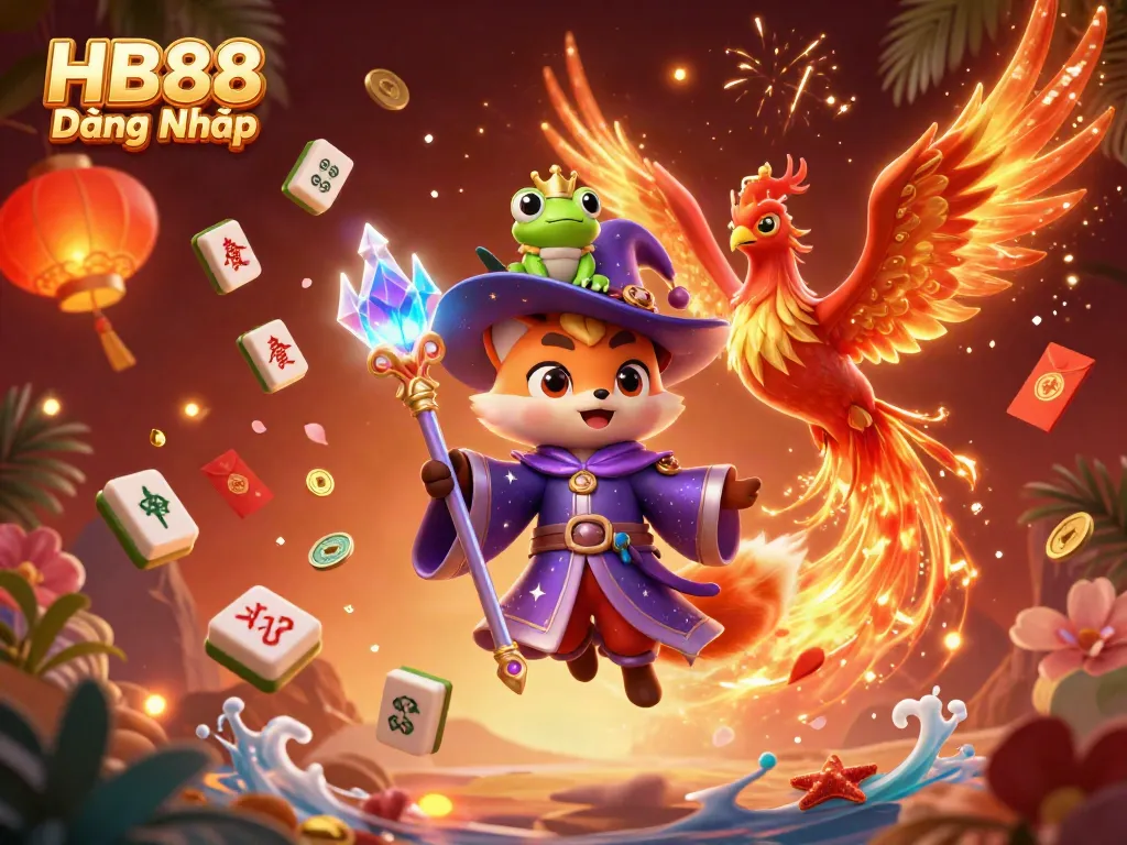 Experience the excitement of HB88 Đăng Nhập with a mystical wizard fox and phoenix amid vibrant casino elements.