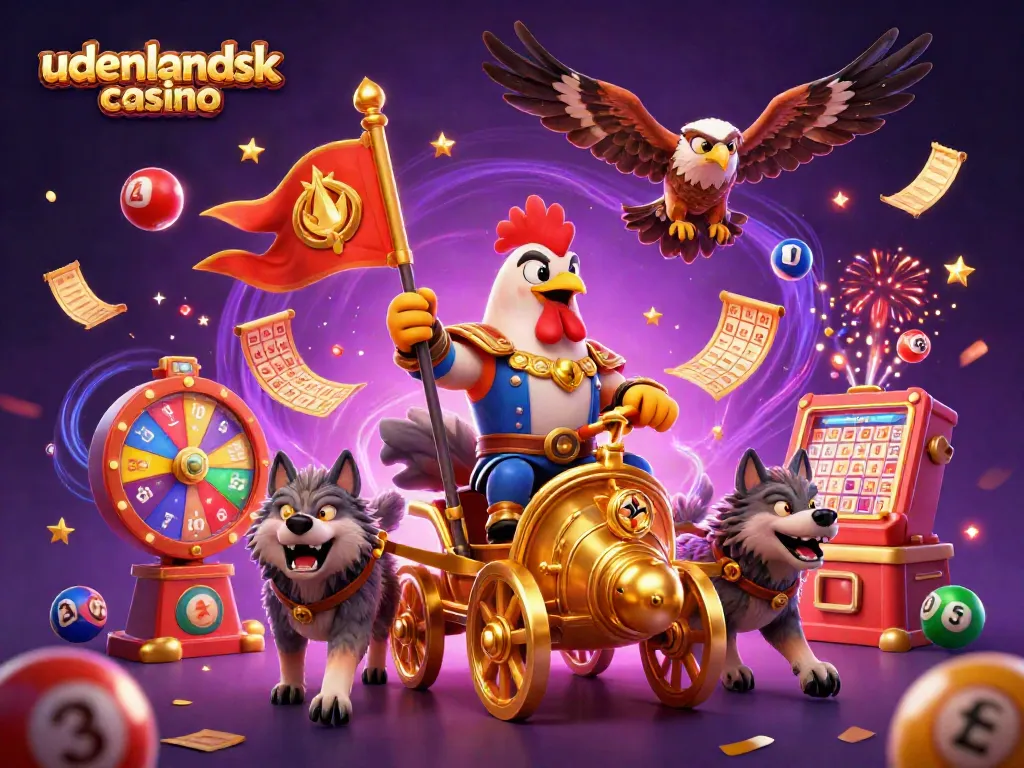 Engage with the excitement of udenlandsk casino through a lively 3D illustration featuring vibrant lottery elements.