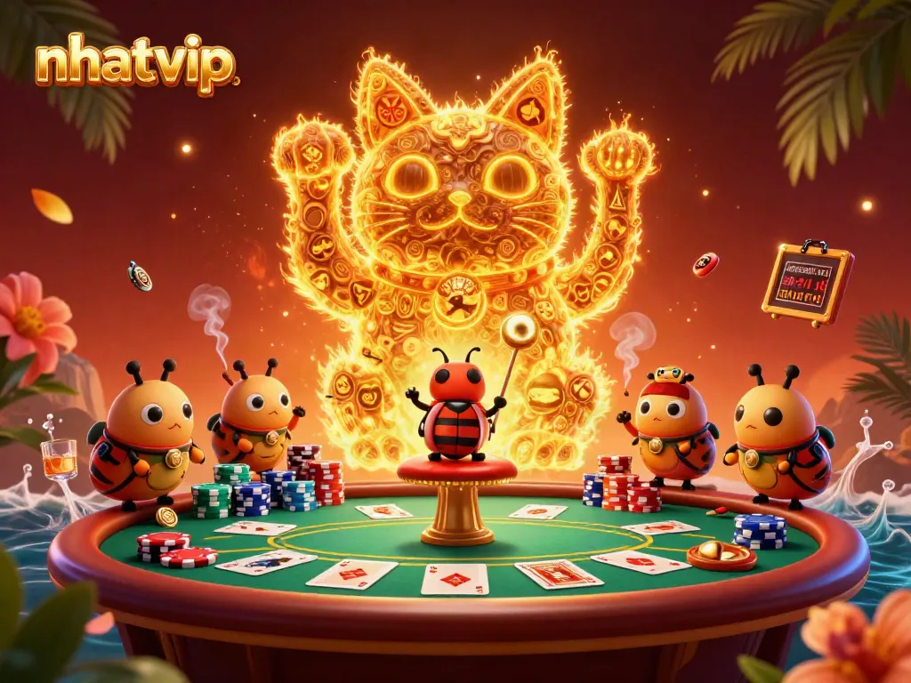 Experience the dynamic world of nhatvip with a giant lucky cat and golden fireflies at a poker table.