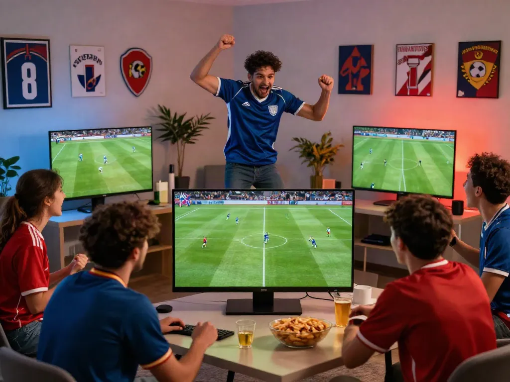 Fans enjoying a live football match on trang bóng thapcamtv in a cozy setting.