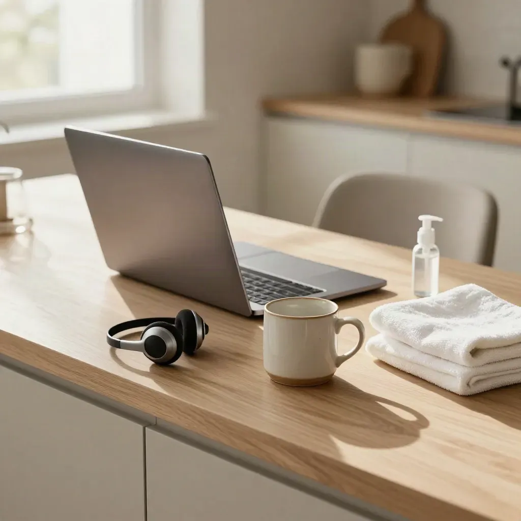 Telehealth kitchen counter with laptop, headset, mug, towel, sanitizer, and chair in soft morning light