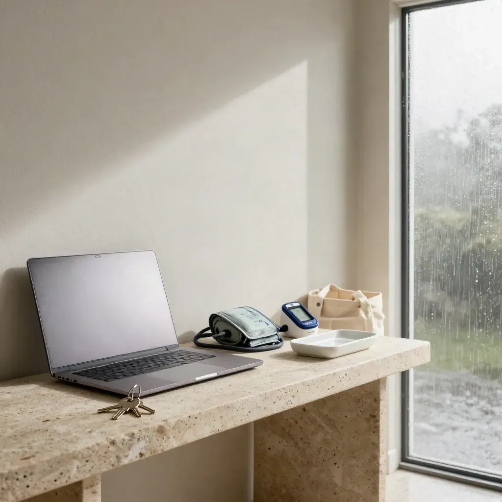 Rainy hybrid-care entryway with medical tools, keys, and a laptop dock on stone.