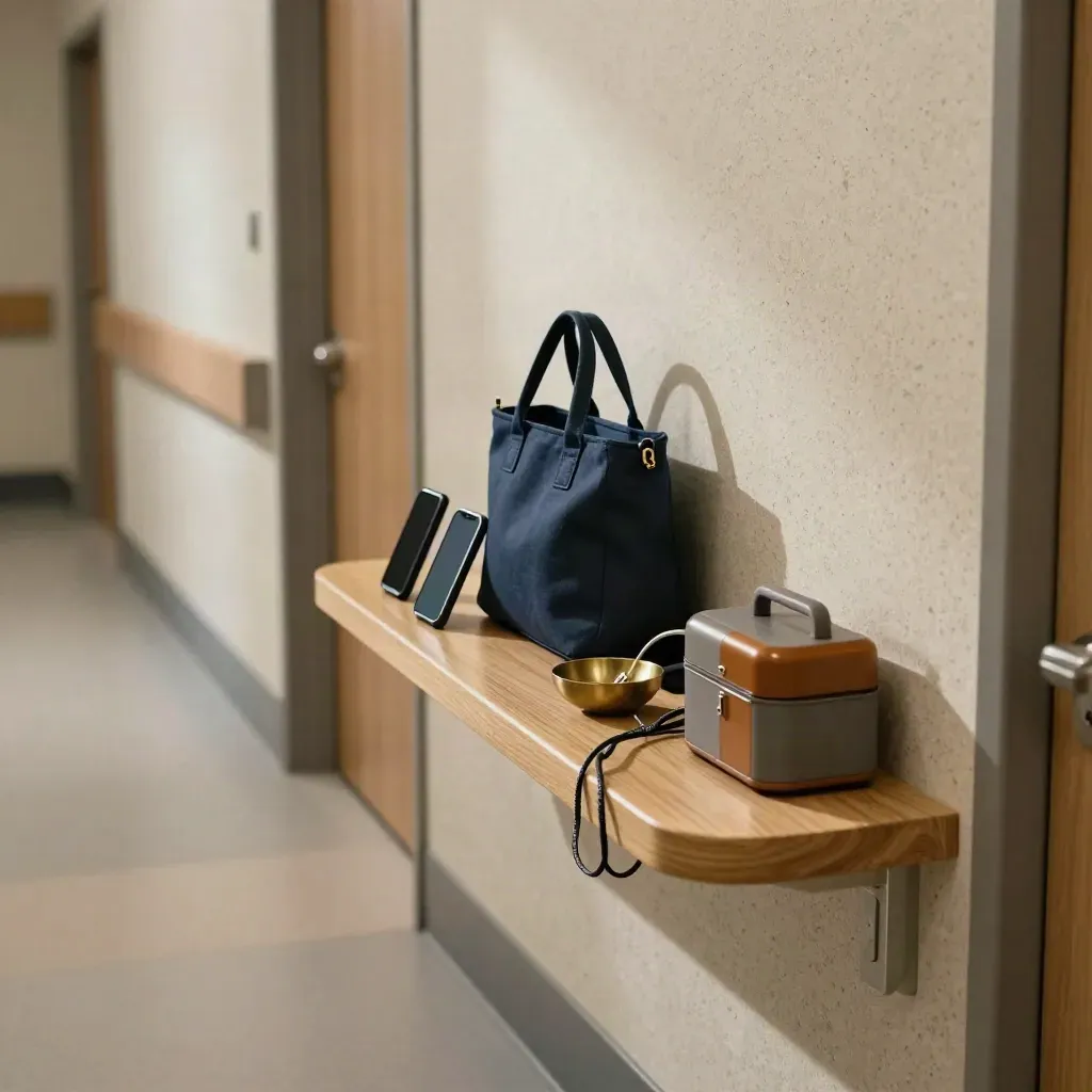 Hallway care console with phones, keys, charger, tote, and medicine caddy in warm daylight.