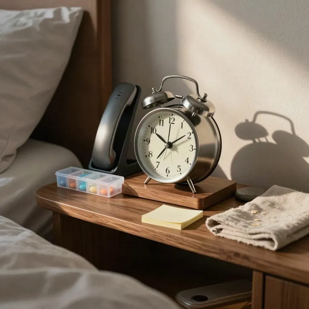 Bedside follow-up station with alarm clock, phone dock, pill organizer and reminder cards.