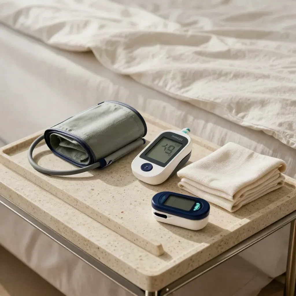 Bedside remote monitoring devices on a travertine tray in soft dawn light.