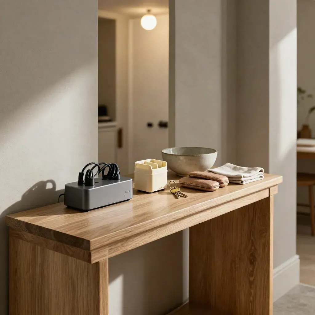 Hallway console with charger bank, keys, pill caddy and device cases in warm afternoon light.