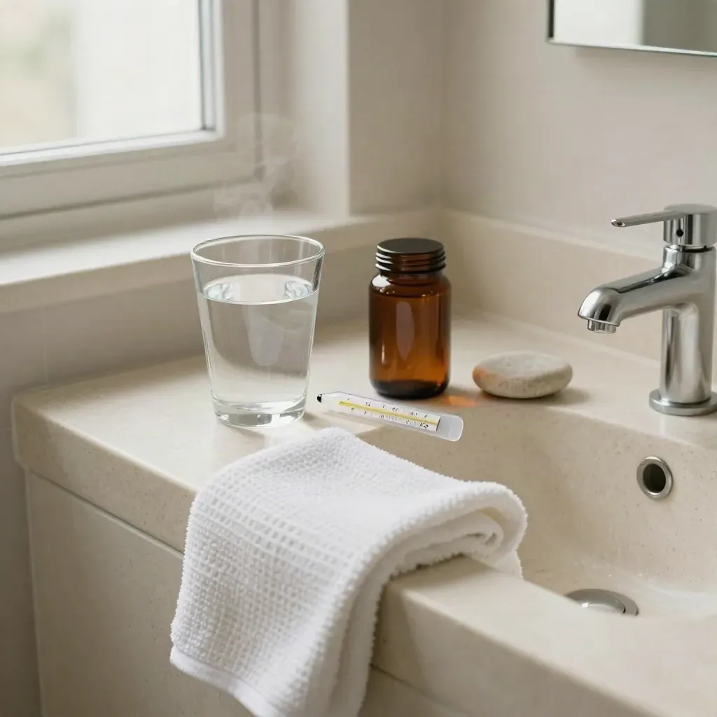 Bright bathroom wellness corner with water glass, thermometer, vitamins and folded towel on travertine sink.