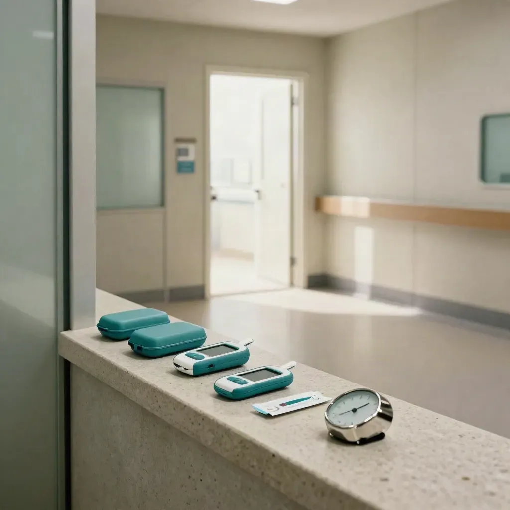 Clinic corridor exit with two diabetes follow-up kits and a glowing doorway, empty and cinematic.