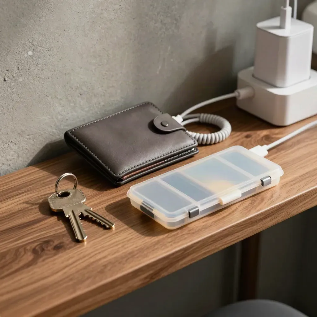 Keys, transit wallet, charger and case arranged on a walnut shelf under dramatic light.