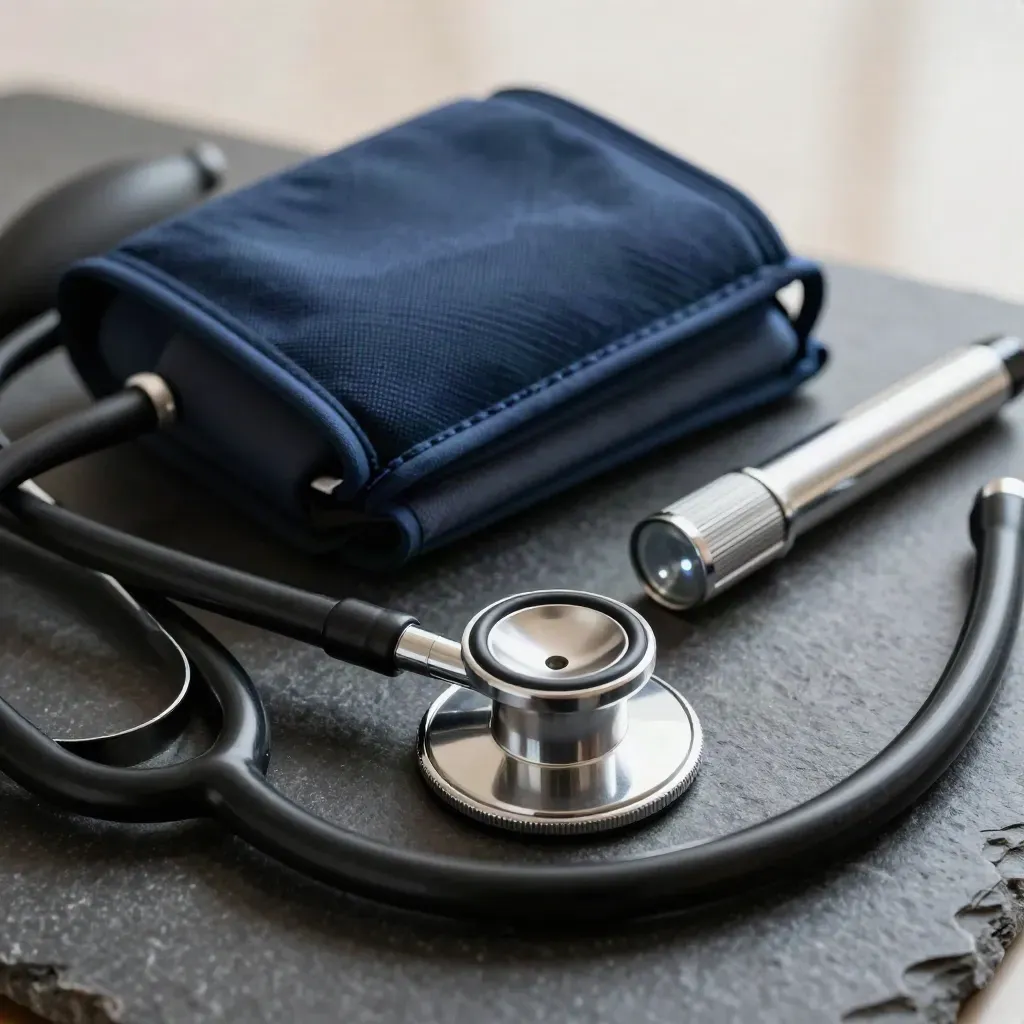 Macro of a stethoscope, cuff, penlight and otoscope case on dark stone.
