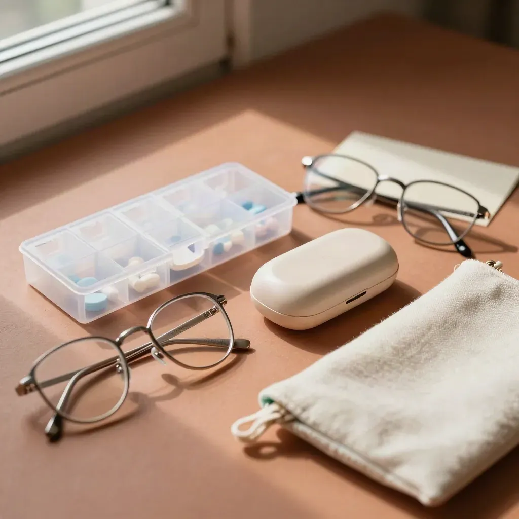 Pill organiser, glasses, hearing-aid case and care pouch on a terracotta shelf.