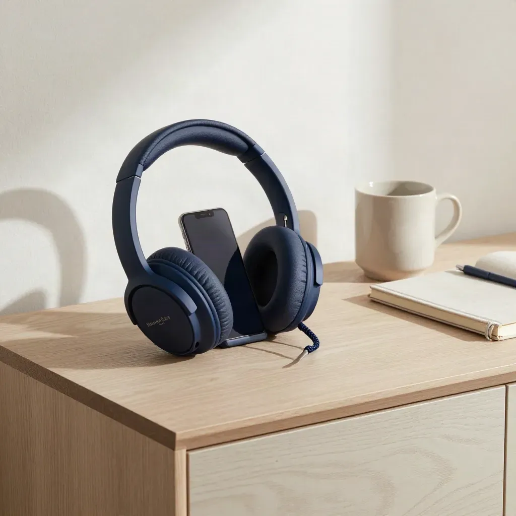 Navy headset, phone dock, cup and closed notebook on pale wood for an intro call.