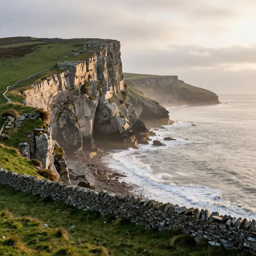 Irish cliff headland above a misty bay at golden hour, with pasture and stone wall