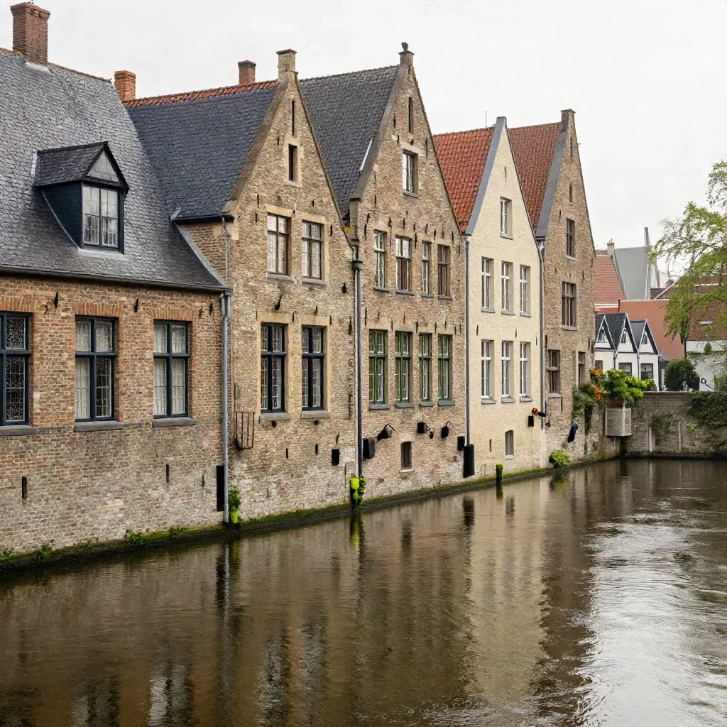 Stepped-gable canal houses and still water under misty golden-hour light