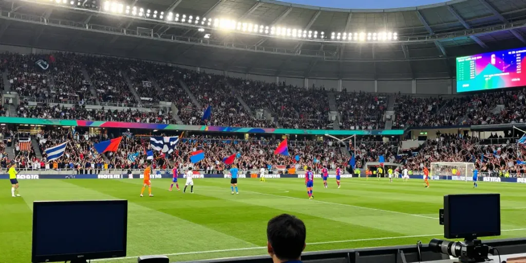 Exciting football match scene with bóng đá cakhiatv action, packed stadium cheering, vibrant players in action.