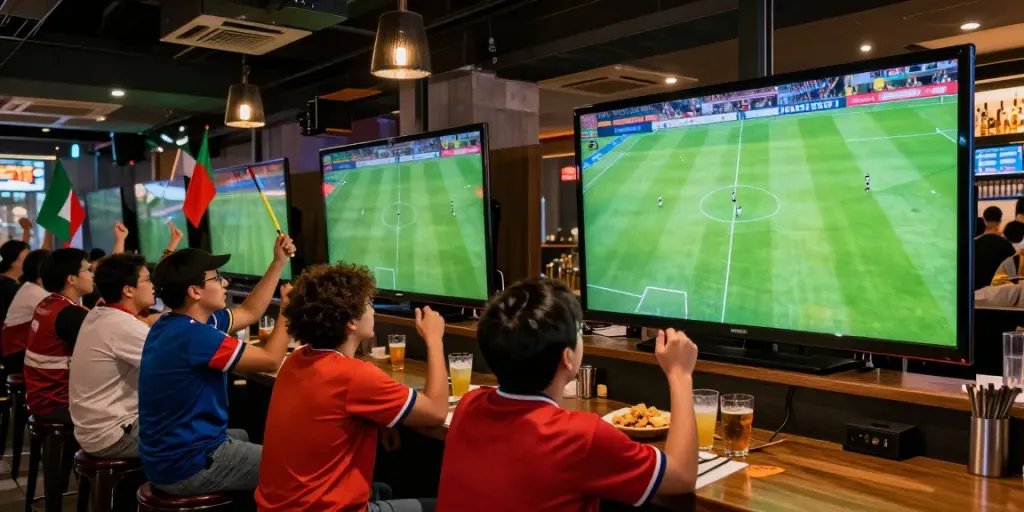 Fans enjoying bóng đá gavangtv in a lively sports bar during a match.