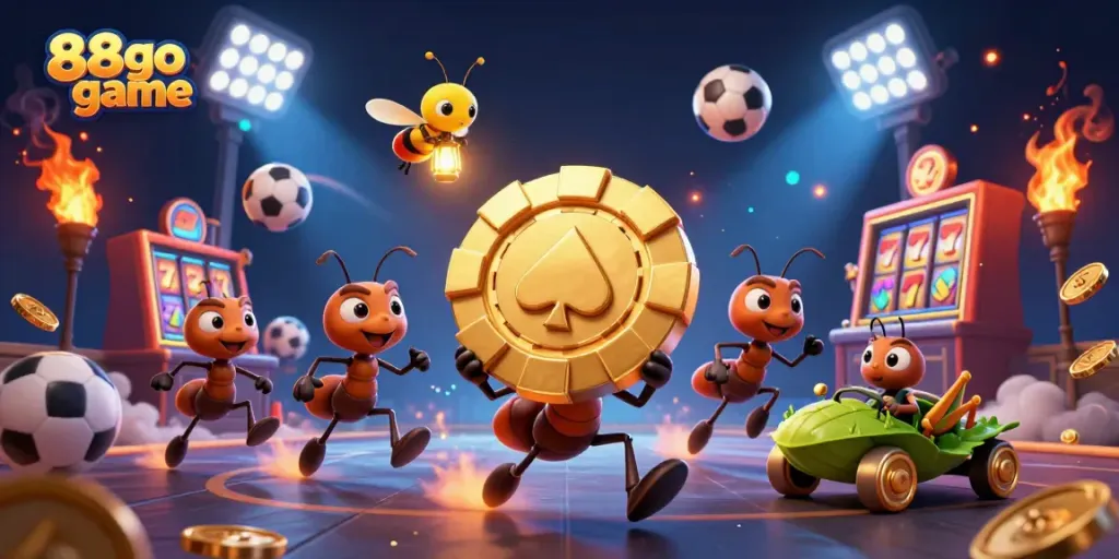 Engage with 88go game through a thrilling heist of ants carrying a giant poker chip amidst casino excitement.
