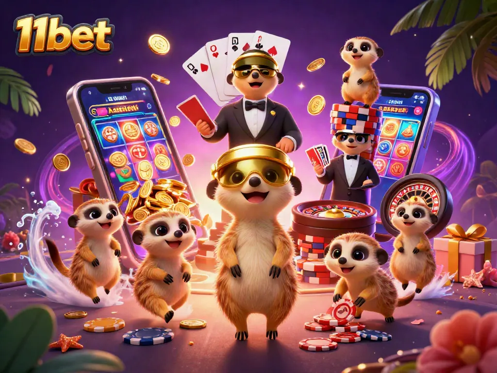Engage in thrilling gaming experiences at 11bet with a dynamic meerkat casino scene full of action and excitement.