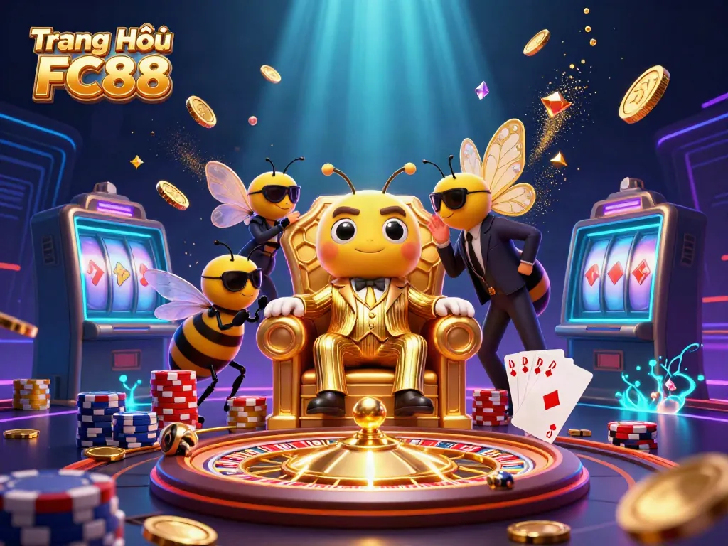 Experience excitement at Trang Chủ FC88 with a lively casino scene showcasing vibrant characters, spinning roulette, and flying coins.