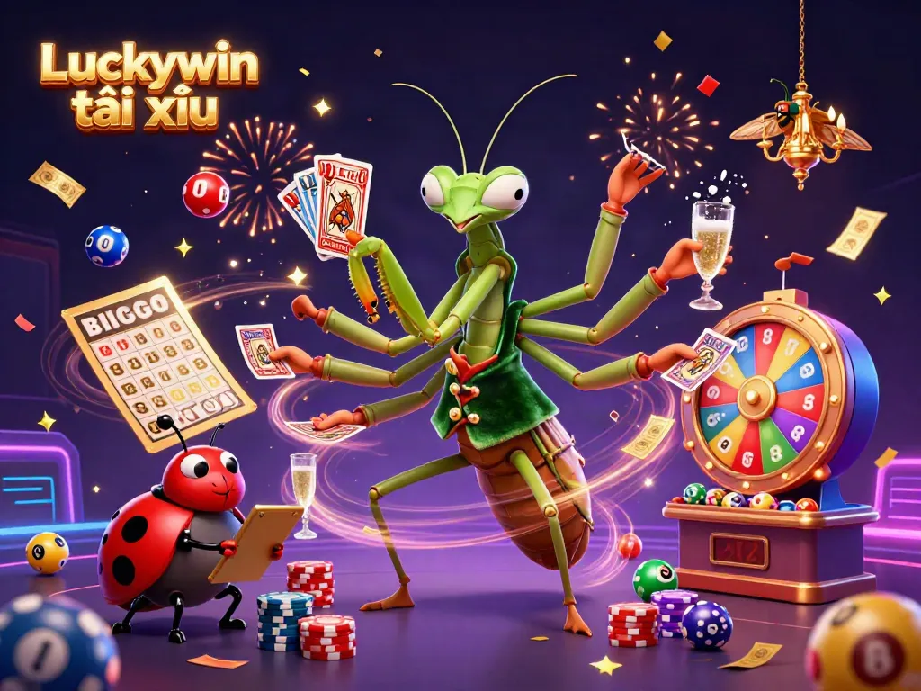 Engaging scene illustrating Luckywin tài xỉu with casino-themed characters celebrating amidst vibrant game elements.
