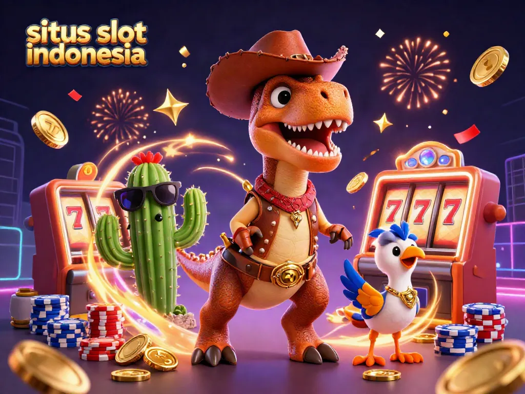 Join the excitement of situs slot indonesia with a cartoon T-Rex and friends amid cascading coins and slot games.