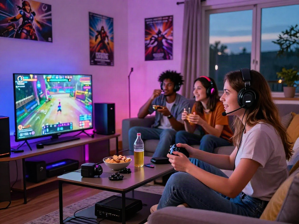Gamers experiencing an exhilarating porn game in an inviting living room.