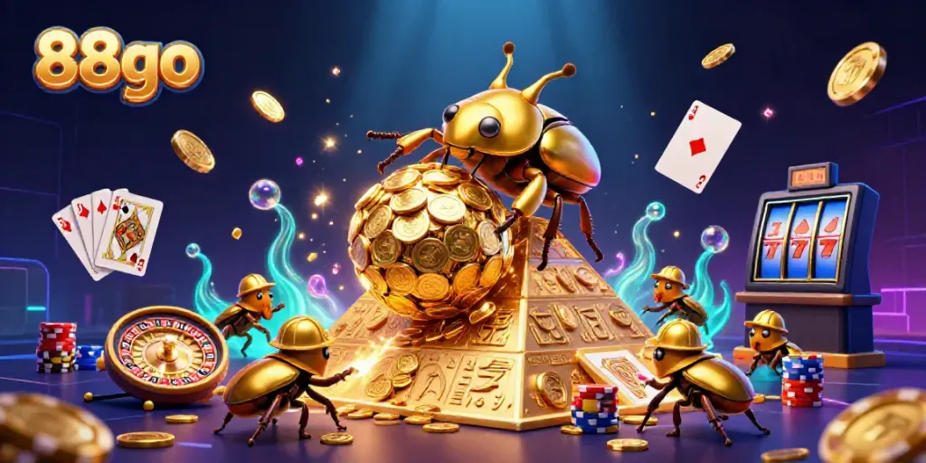 Spin and win with 88go's vibrant gaming scene featuring golden coins, roulette, and poker elements.