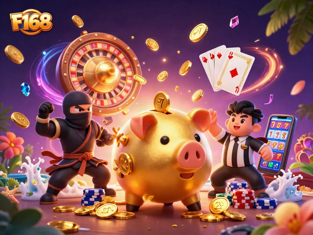 F168 offers exciting gaming experiences with vibrant slots and casino action featuring playful characters.