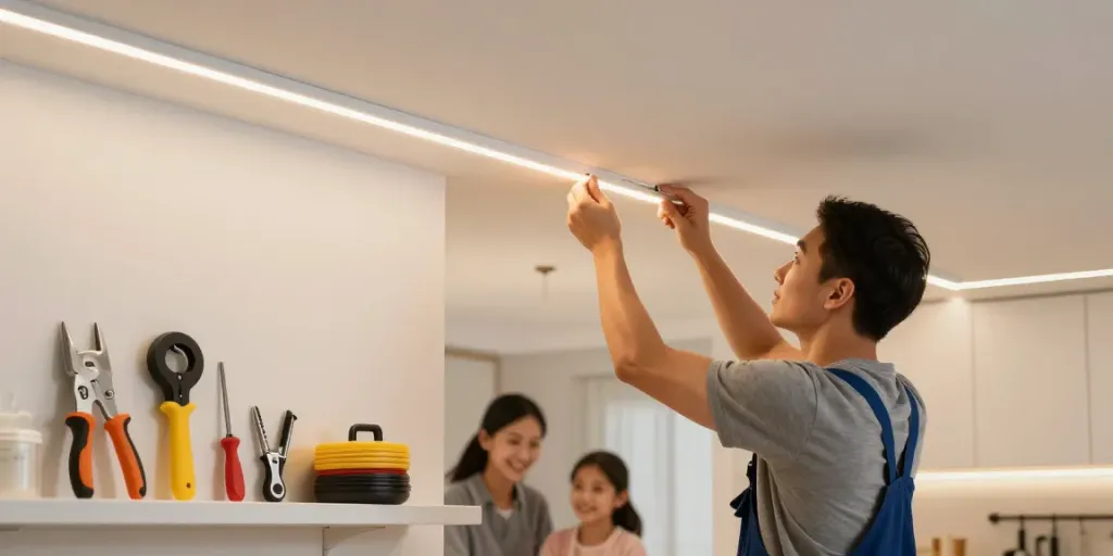 Banda LED instalată de un contractor profesionist pentru iluminat eficient în spațiul de locuit.