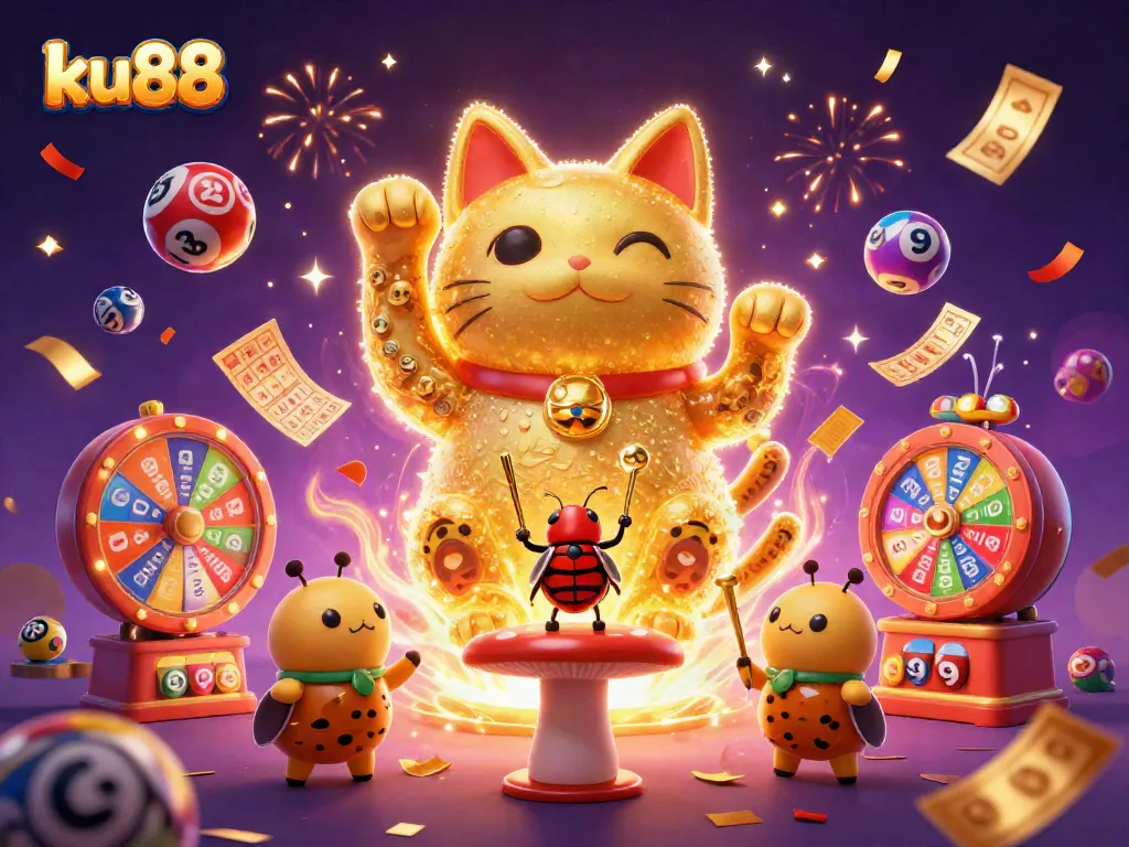ku88 showcases a dynamic scene with golden fireflies forming a lucky cat amidst colorful casino elements and vibrant energy.