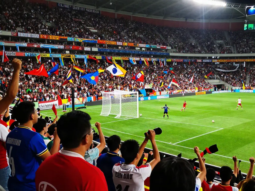 Exciting scene of bóng đá socolive match with fans cheering and players in action.
