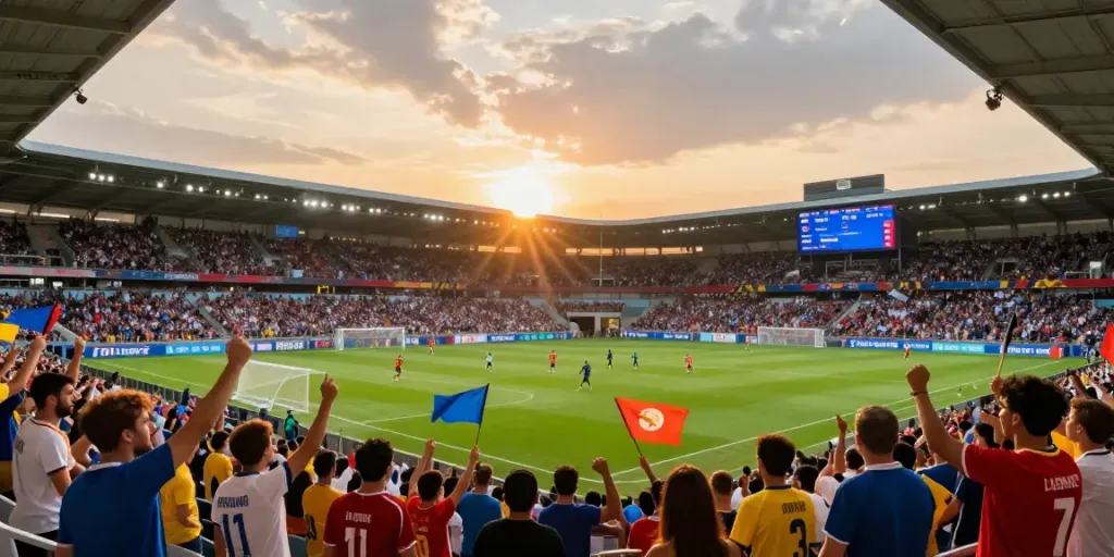 Exciting football match scene showcasing bóng đá xoilactv in a vibrant stadium atmosphere with cheering fans.