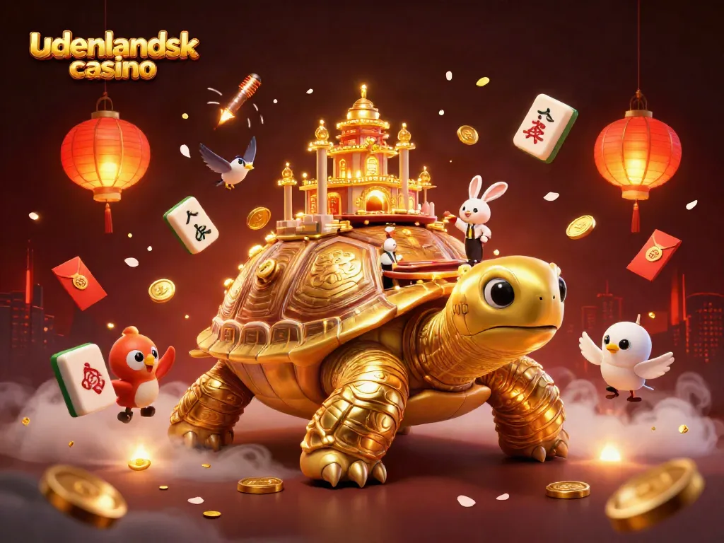Experience the thrill of udenlandsk casino with vibrant visuals of a golden tortoise and lucky charm elements.